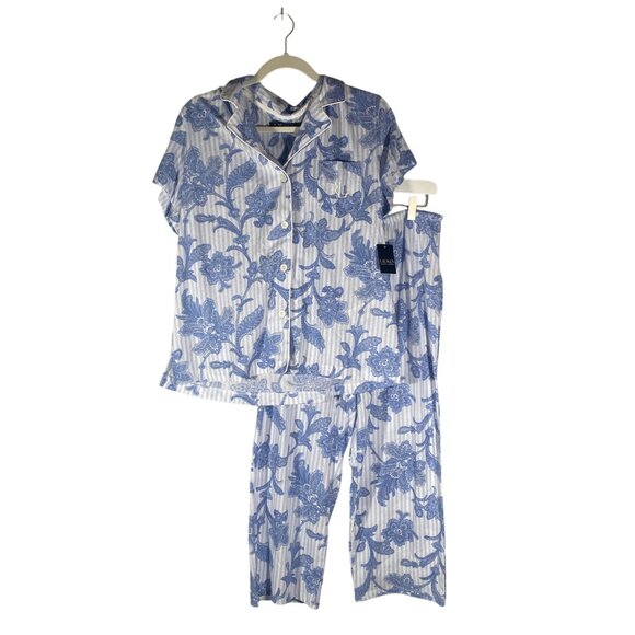 Lauren Ralph Lauren Womens Pajama Set Blue cottage Floral Print Cotton Size M - Picture 1 of 12